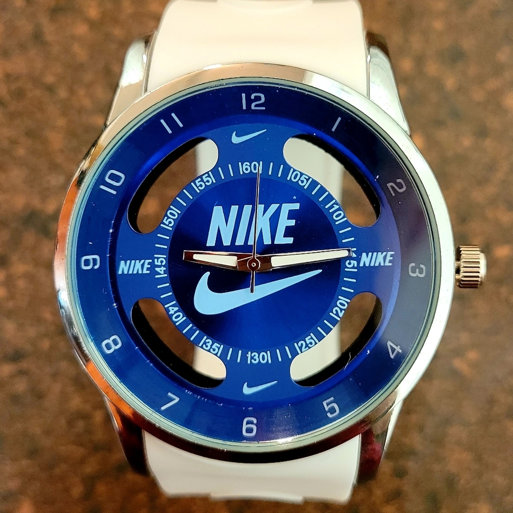 Nike Watch Hollow Analog Sports Silicone White Band Blue Face Adult Size Men's